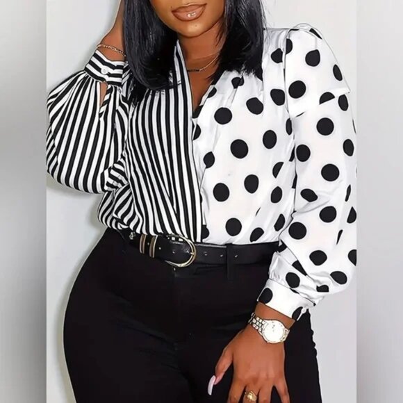 Plus Size Colorblock Striped Polka Dot Print Slight Stretch Casual Shirt Blouse - Picture 2 of 2